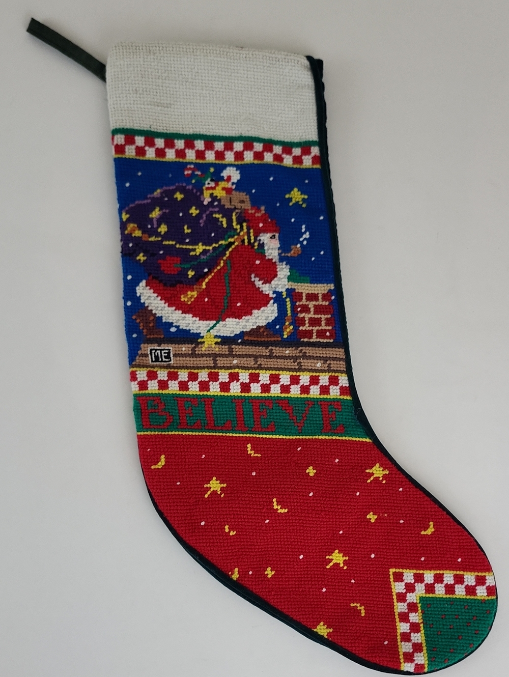 Vintage Mary Engelbreit "Believe" Needlepoint Christmas Stocking